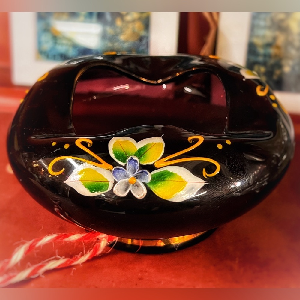Vintage Bohemian Amethyst Ashtray, Hand Painted, Japan